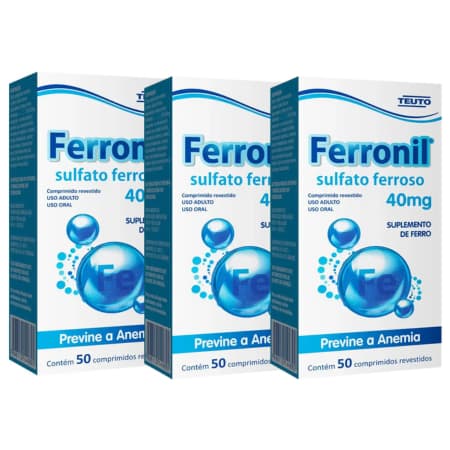 Kit 3 Ferronil Sulfato Ferroso Fonte de Ferro 40mg 50 comprimidos Teuto