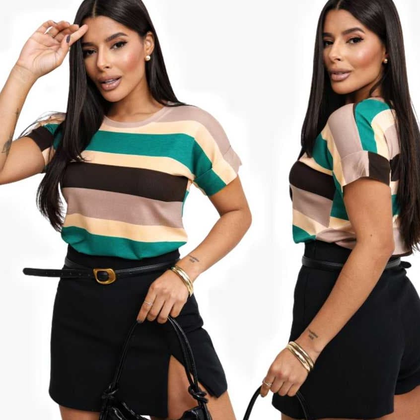 Blusa Camiseta Listrada Feminina Moda Verão Manga Japonesa Tendencia Estilosa e Moderna Malha Fria