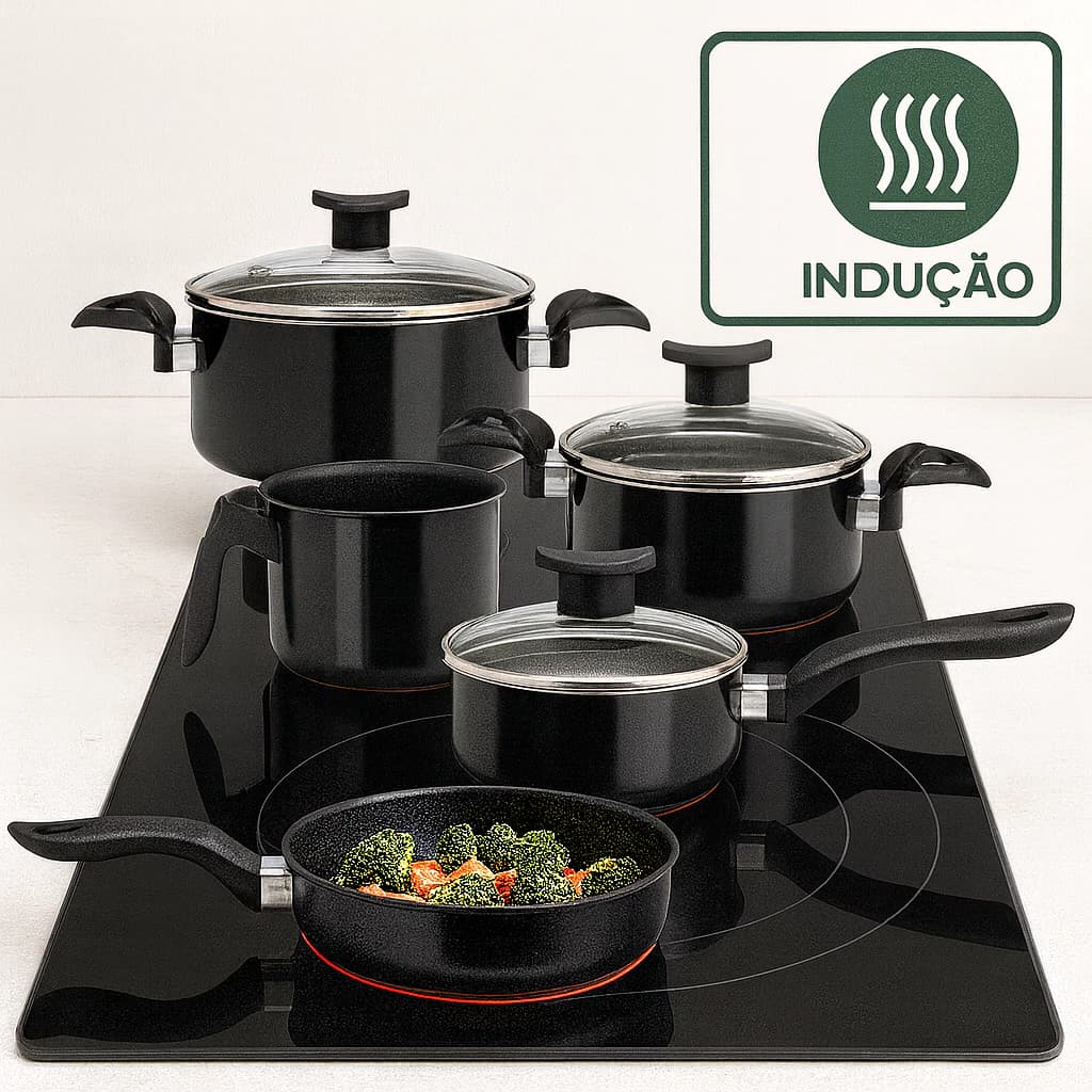 Kit Panelas INDUCAO Antiaderente Tampa Vidro Fundo Triplo 4 a 13 Peças Lançamento Grande