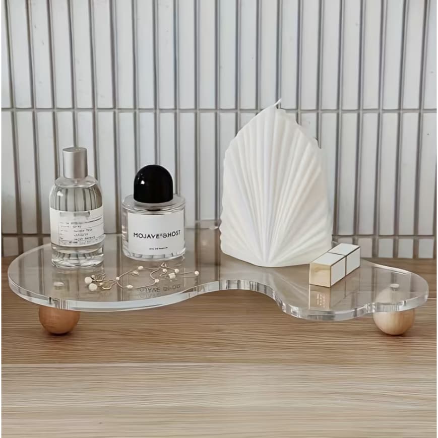Bandeja Decorativa em Acrílico Cristal com Pés de Madeira, Organizador para Cosméticos, Joias e Perfumes