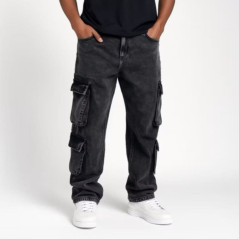 Calça Cargo Jeans Masculina Cinza Escura 8 Bolsos Estonada Marmorizada Escura Streetwear Tendência