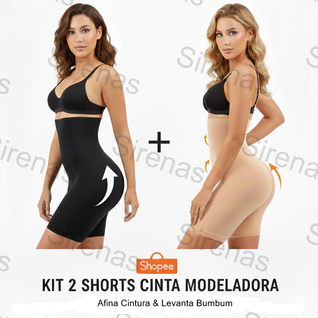 KIT com 2 SHORT CINTA MODELADORA ORIGINAL 4 Barbatanas – Alta Compressão, Não Enrola, Empina Bumbum
