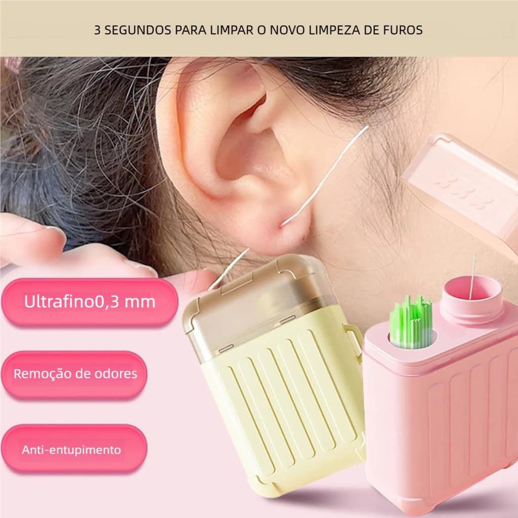 Limpador de Piercing para Brincos + Fios de Limpeza de Orelhas - Conjunto para Casa e Viagem