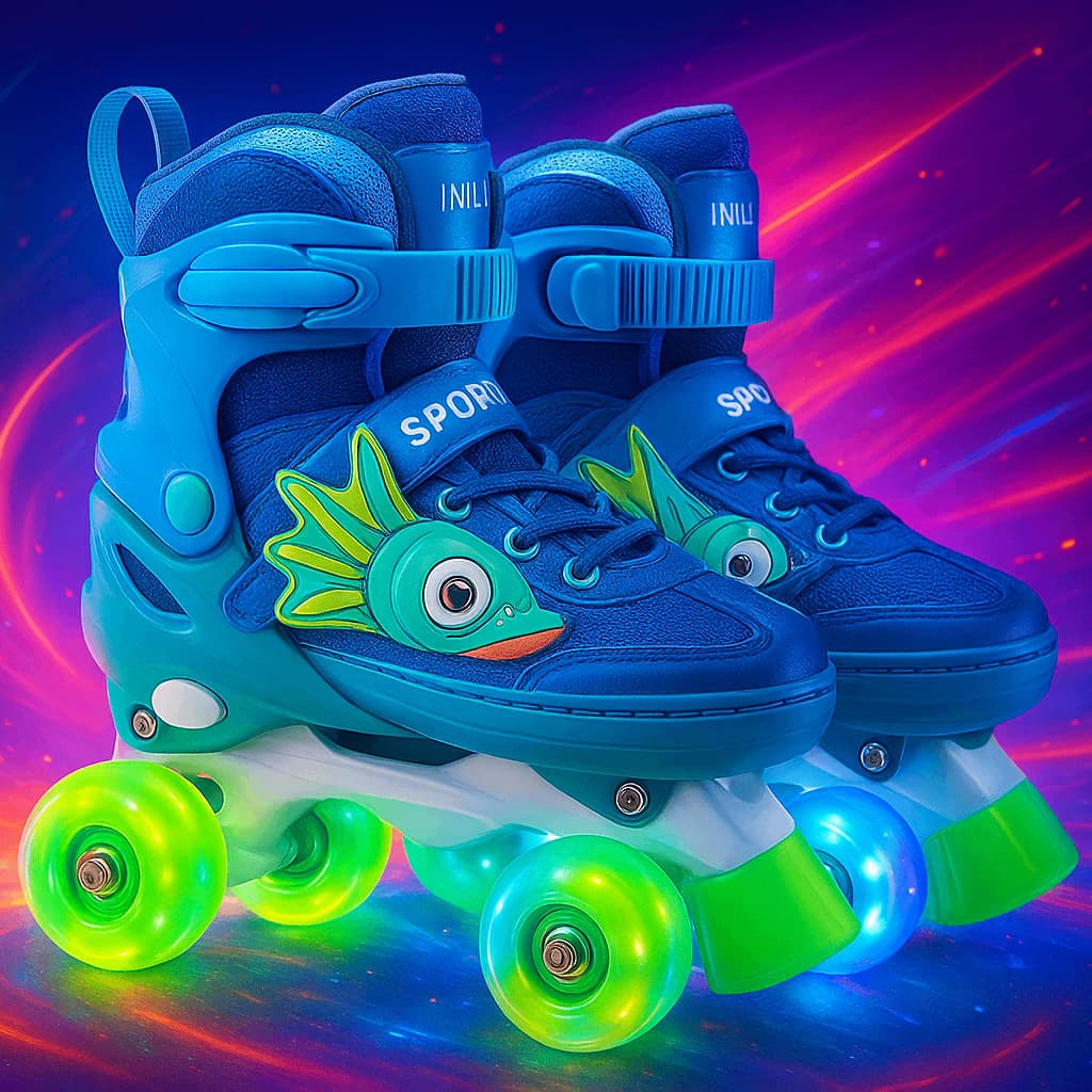 Patins Quad Dinossauro Infantil 4 Rodas Tamanho Regulável Com Rodinhas de LED + Bolsa