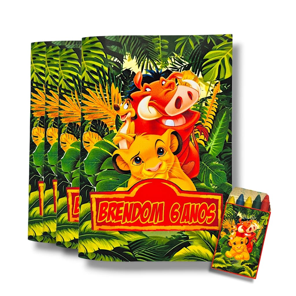 Livrinho de Colorir + Giz de Cera Personalizado Tema Rei Leão