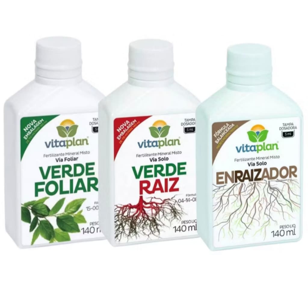 Kit 3 Adubo Fertilizante Verde Folhar + Verde Raiz + Enraizador Marca Vitaplan Nutrição Completa Para as Plantas