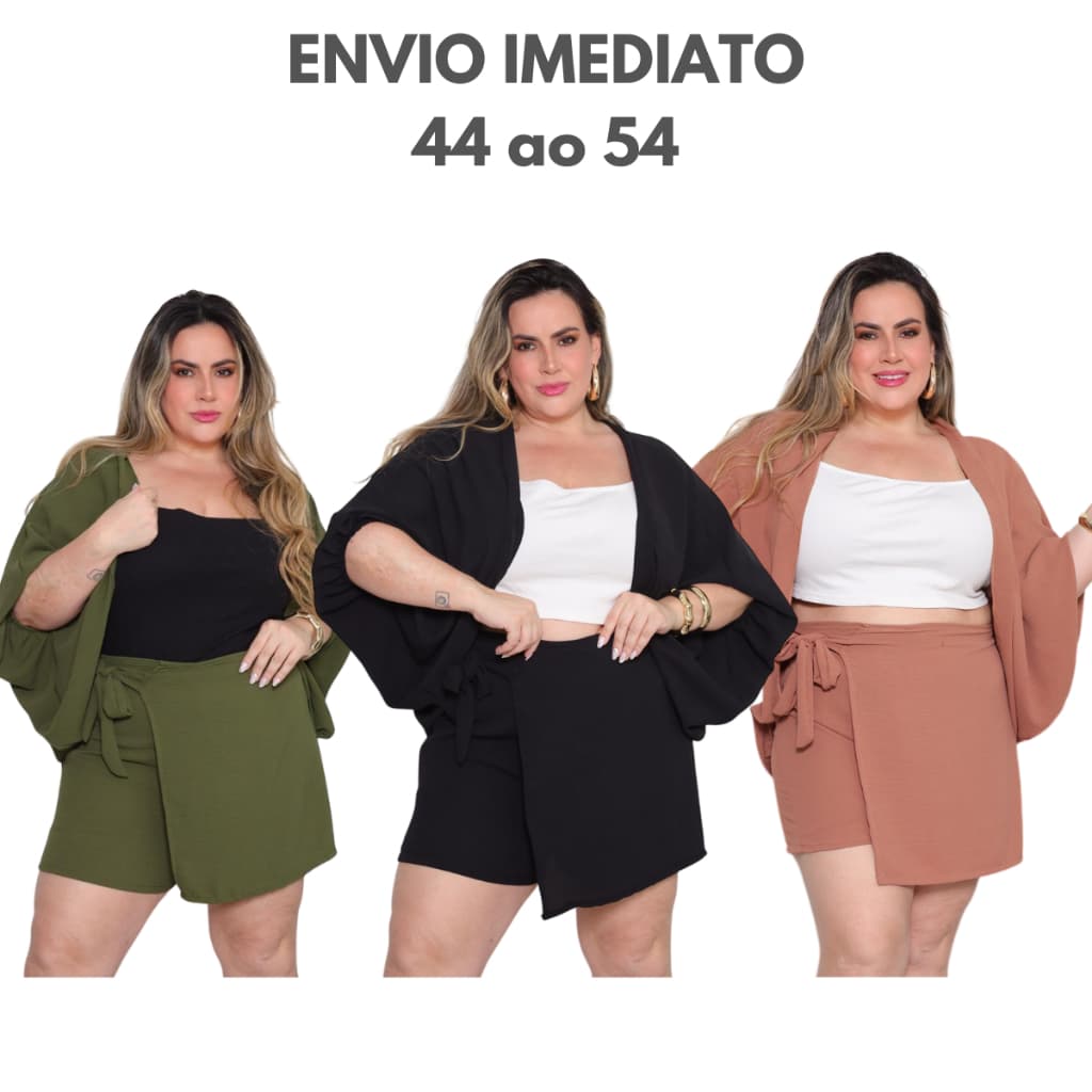Conjunto Kimono Short Saia Plus Size e Kimono Duas Peças Moda Praia Quimono Estampado e Liso Verde Preto Marrom G1 G2 G3