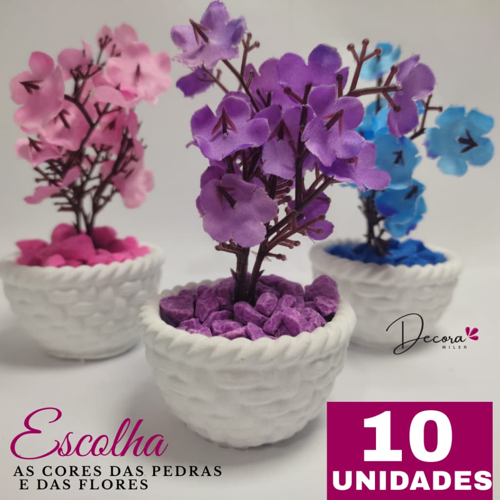 kit 10 mini vasinhos cesta em gesso com flores e pedrinhas para decoração e lembrancinhas