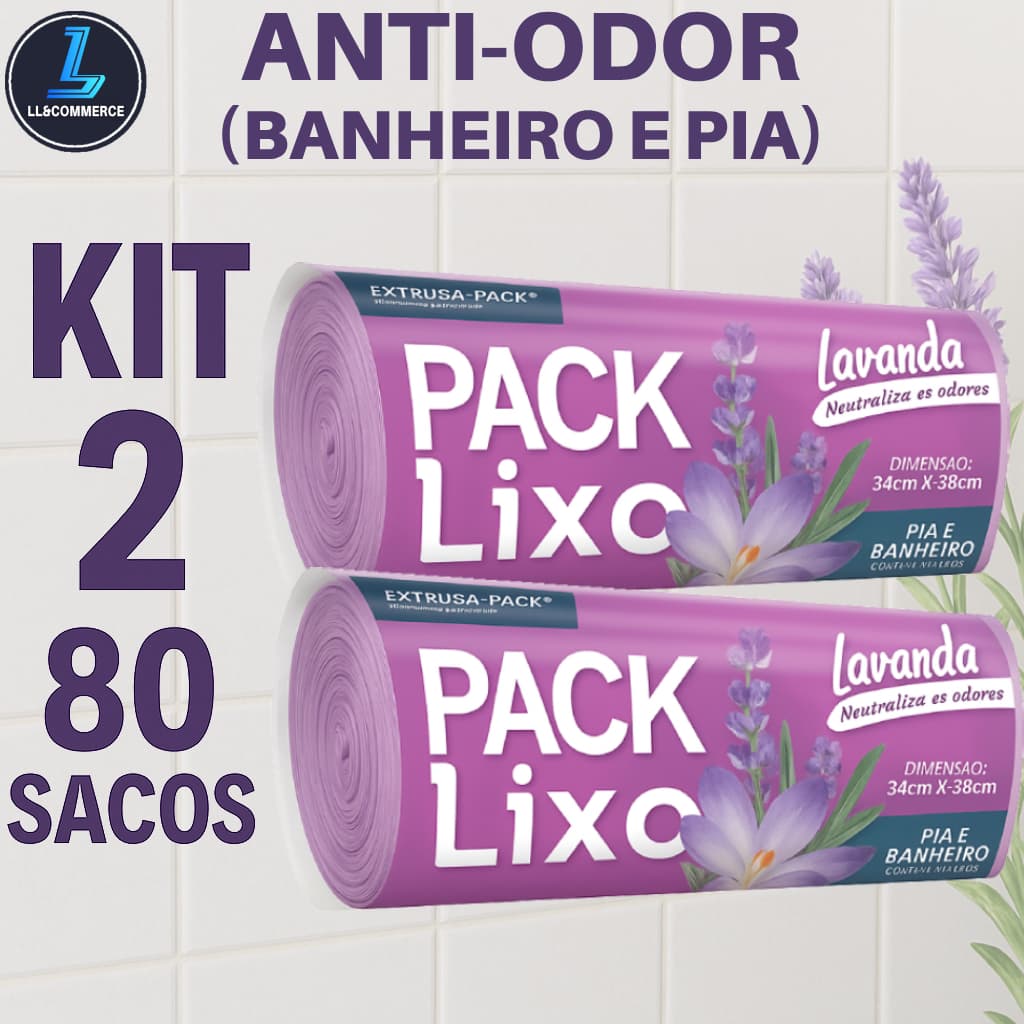 Saco Lixo Lavanda 8L 2 Rolos 80 Un Perfumado Reforcado Anti Odor Banheiro Pia Cozinha Higienico