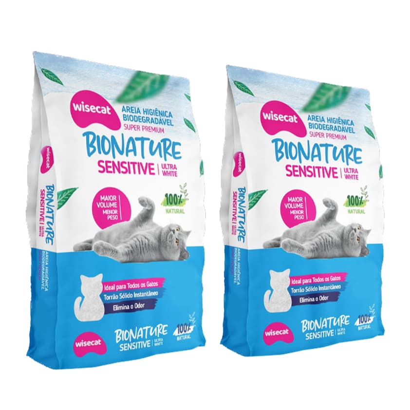 Kit 2 Areia Biodegradável Grãos Finos para Gatos Bionature Sensitive Wisecat 2 KG