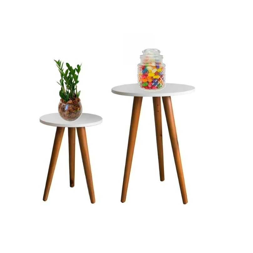 Conjunto 2 Mesinha Canto Lateral Redonda Decorativa Apoio Sala Sofá Quarto Madeira MDF Branca