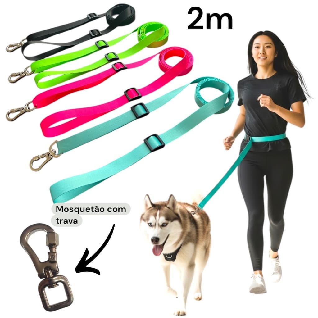 guia mãos livres para cachorro com 2 metros de comprimento e mosquetão giratório 360graus