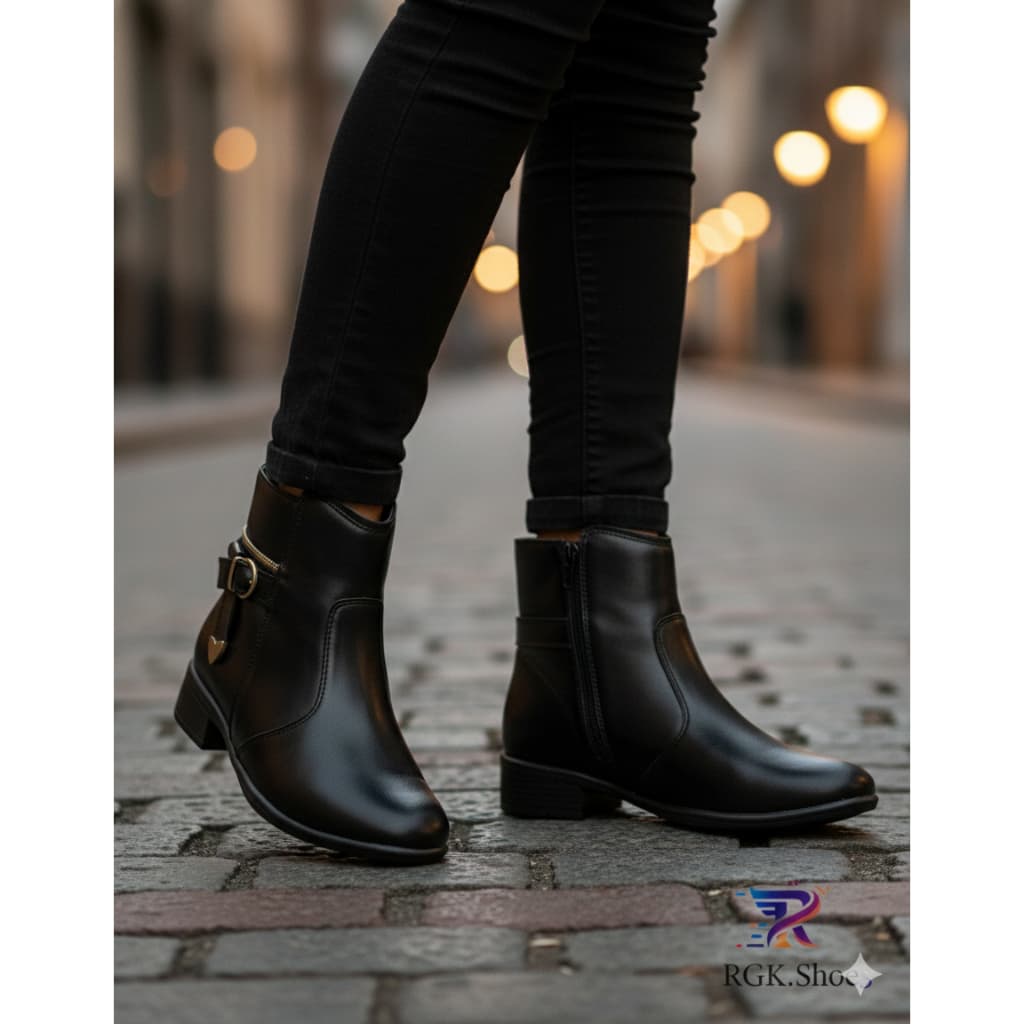 Bota Casual Feminina Cano Médio Salto Baixo Confortável Estilosa Fivela Dourada Cor Preto Alta Qualidade