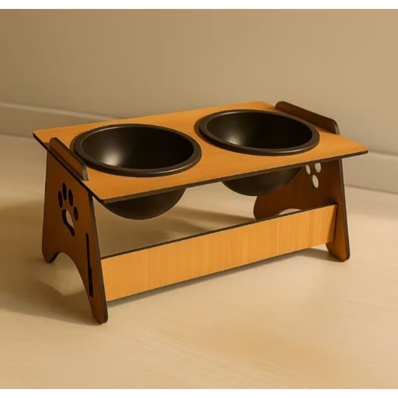 Comedouro Bebedouro em Mdf Elevado Duplo Pet Gato Cachorro Com Tigelas - Pets de Pequeno Porte