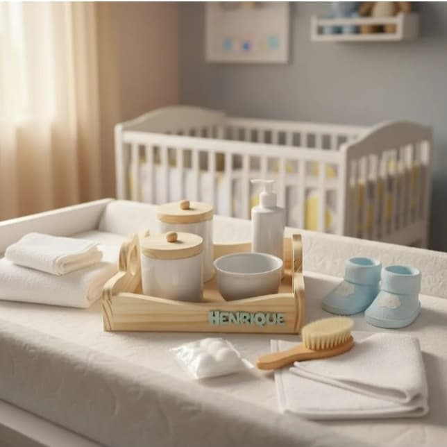 Kit Higiene Bebê Porcelana Tampa Madeira Sabonete Liq Novo