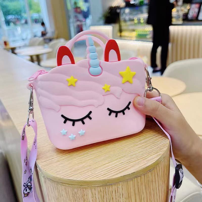 Bolsinha Porta Moedas Siliconada Infantil Com Alça Regulável Unicórnio Gato