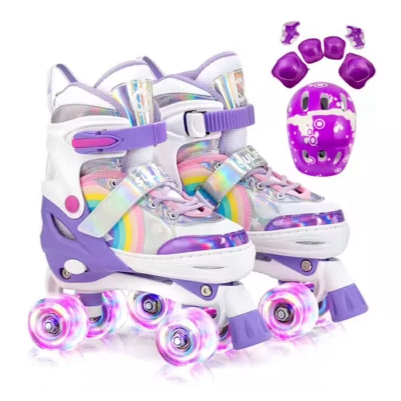 Patins Infantil 4 Rodas Roller + Rodas LED + KIT de Proteção, Cor Arco Íris e Azul