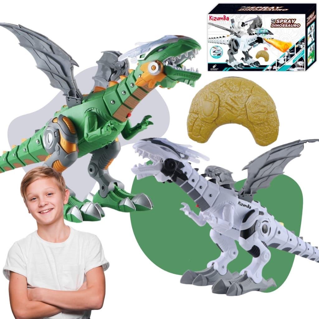 Dragão Robô Dinossauro Com Controle Remoto Luz Som Solta Fumaça Anda Sozinho Bate Asas Kizumba