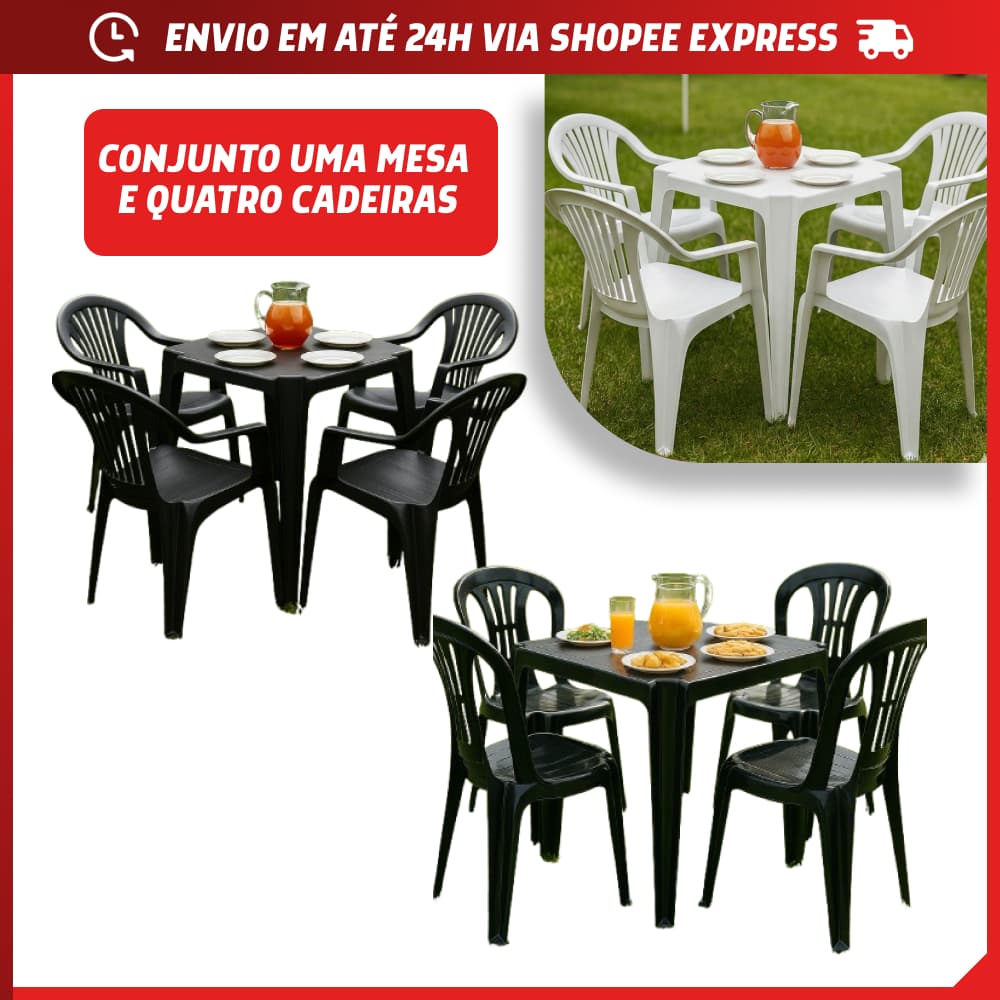 Conjunto 1 Mesa 4 Cadeira Bistro Poltrona Selo INMETRO Plástico Resistente Varanda Jardim Kit 5 Peça