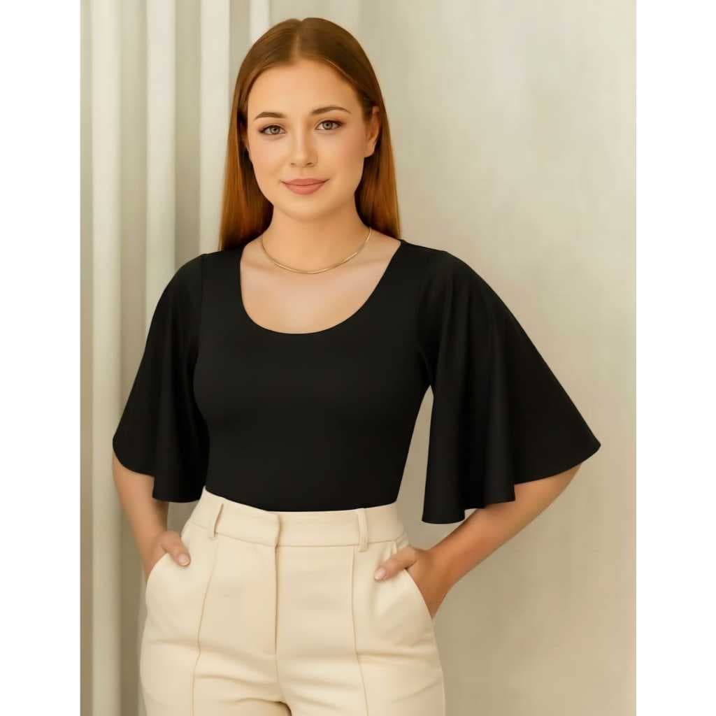 Body Feminino Elegante Manga Flare 3/4 em Suplex Premium – Tamanho Único (Veste 36 ao 42)