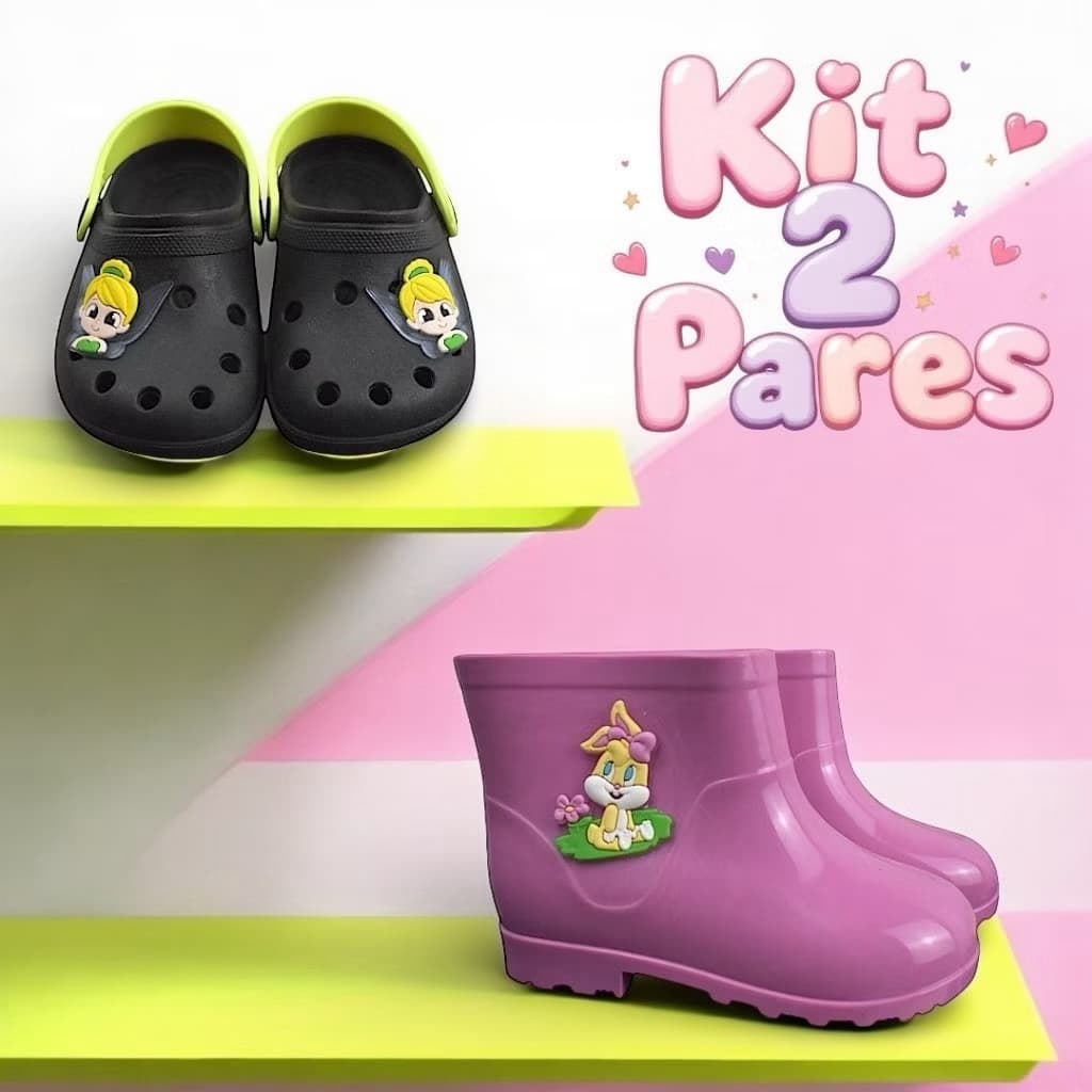 Kit 2 Pares Sapato Galocha Infantil Premium Leve e Anti-Derrapante Personagens Fofos Divertidos