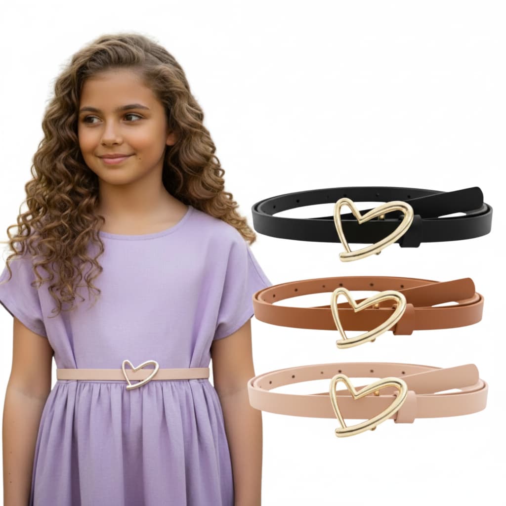 Kit 3 Cintos Infantil Fino Feminino Delicado Fivela de Coração Dourado para Meninas Moda Kids - Bia