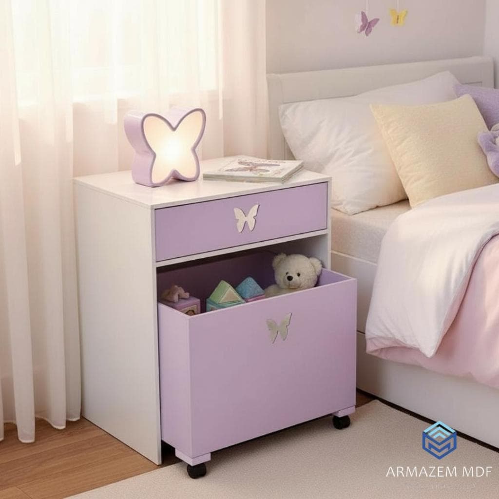 Mesa de cabeceira Infantil Com Gaveta e Caixa Organizadora em MDF Com Rodinhas Rodizios