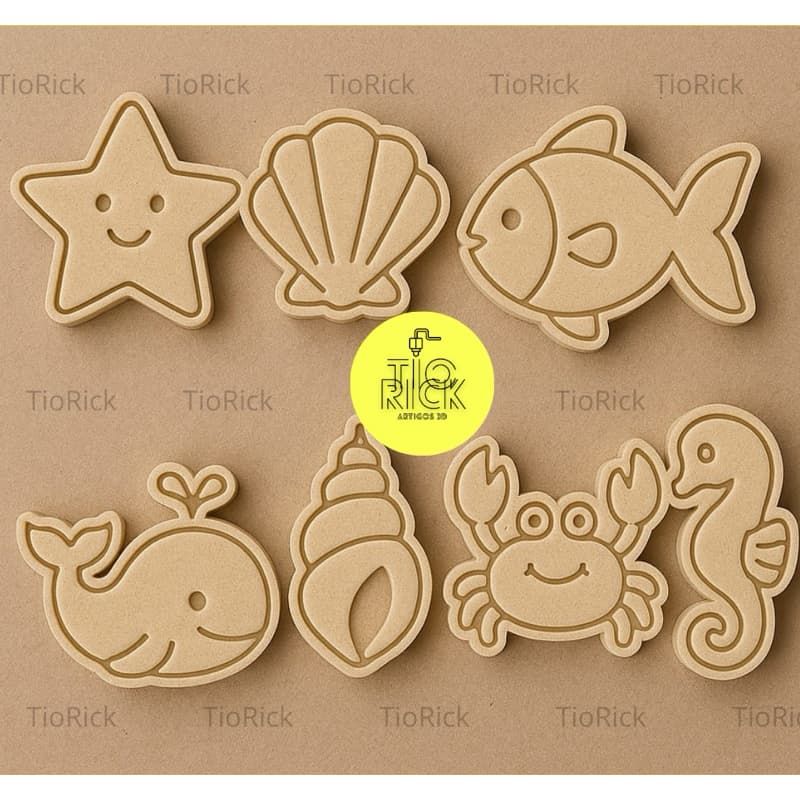 kit com 7 unidades de cortador e marcador tema fundo do mar para pasta americana, biscoitos e etc