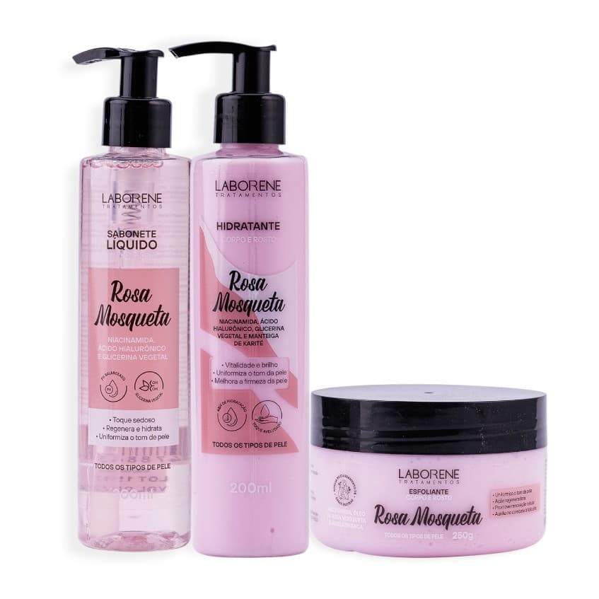 Kit Banho Esfoliante, Hidratante e Sabonete Rosa Mosqueta/Corpo e Rosto - Laborene