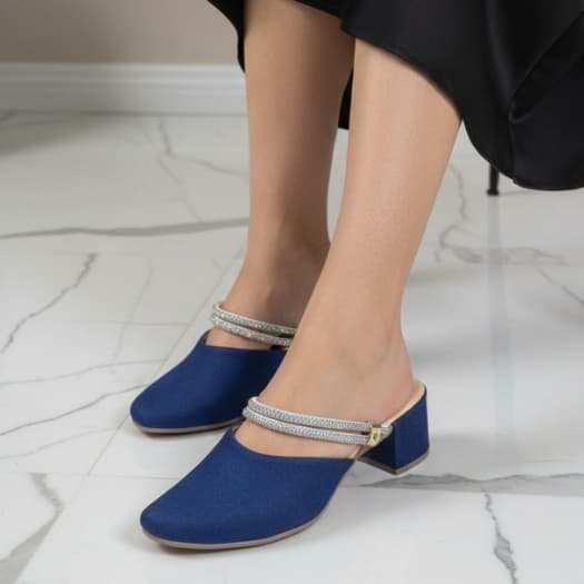 Mule Social 2 em 1 Feminino Femininas Scarpin Salto Medio Baixo Manta brilhante Confort jeans