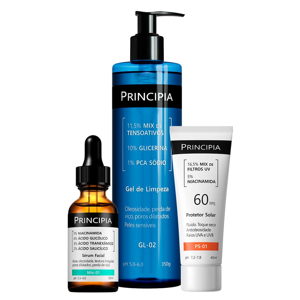 Principia Kit Anti-acne Trio c/ Gel de Limpeza Gl-02 + Sérum Mix-01 + Protetor Solar PS-01 FPS60