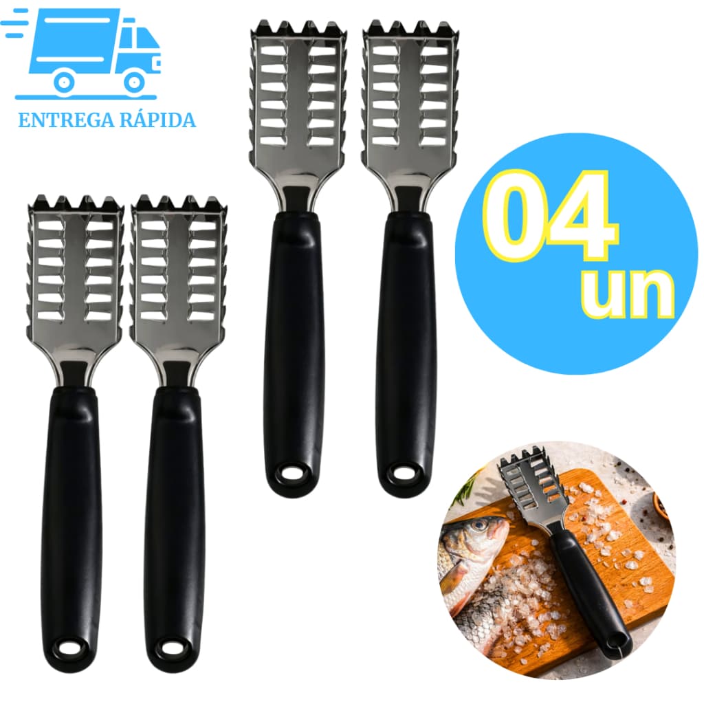 Kit 4 Escamador de Peixe Limpador de Escamas Inox Manual com Cabo Ergonômico Antiderrapante