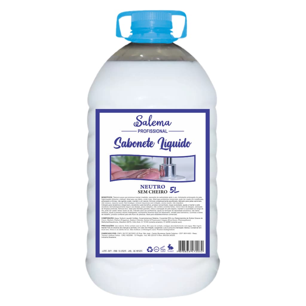 Sabonete Líquido Neutro Sem Cheiro  5 Litros Hidratante linha Para Cuidados Mãos Pês Linha Profissional