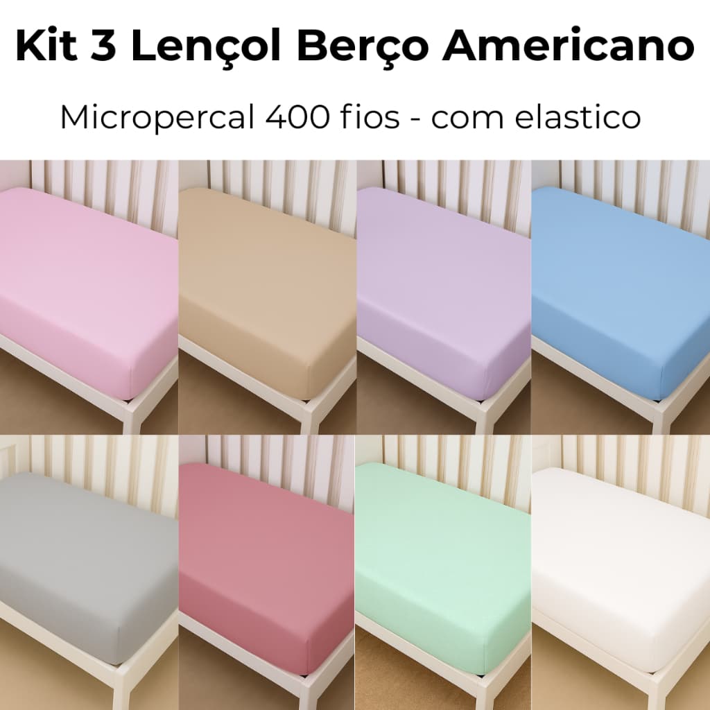 Kit 3 Lençol Avulso Berço Americano Com Elástico Micropercal 400 Fios