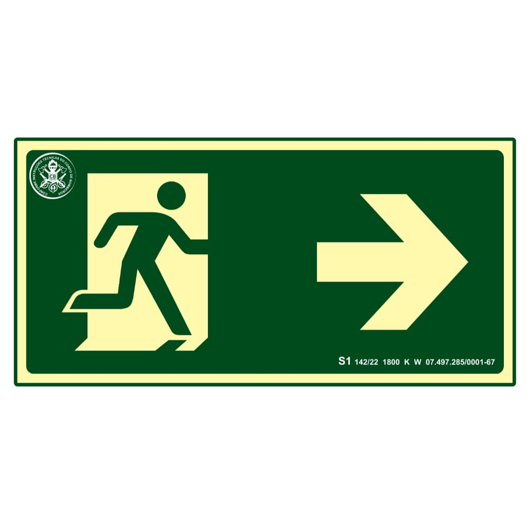 Placa de Sinalização Fotoluminescente Rota de Fuga Direita S1/ Esquerda S2