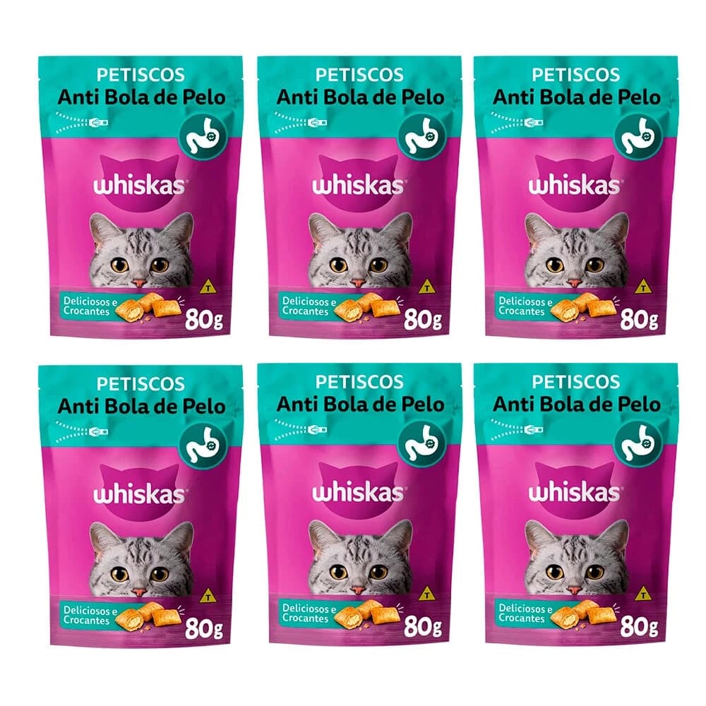 Kit 6 Un. Petisco Whiskas Temptations Anti Bola De Pelo Gatos Adultos 80g
