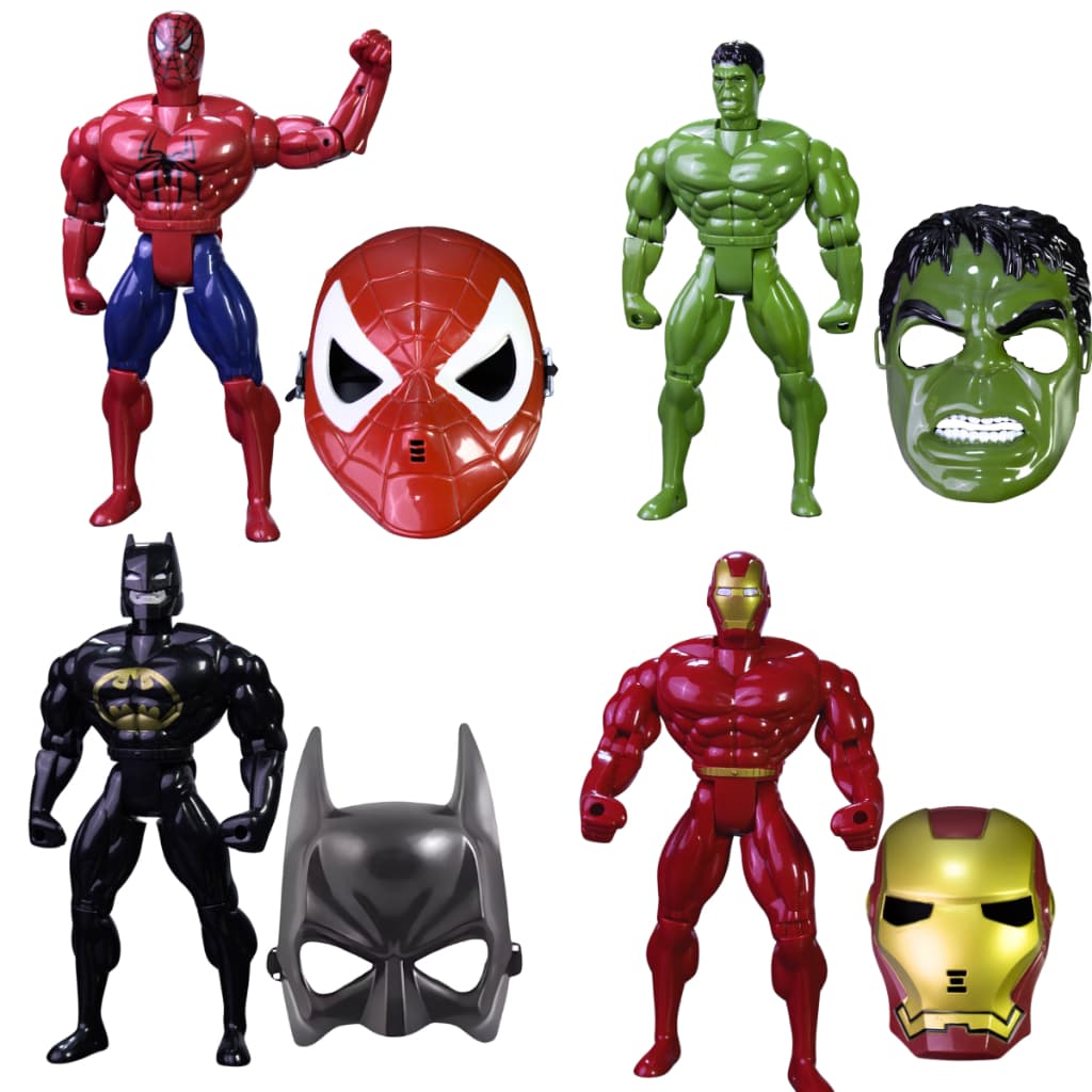 Kit 4 Boneco Herói 30cm Brinquedo + 4 Máscara Confortável Personagem Ação Articulável Menino