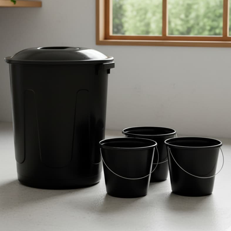 KIT Lavanderia 3 Baldes + Cesto de Roupas Lixo 60 L Plastico Resistente  Preto Organizador Limpeza