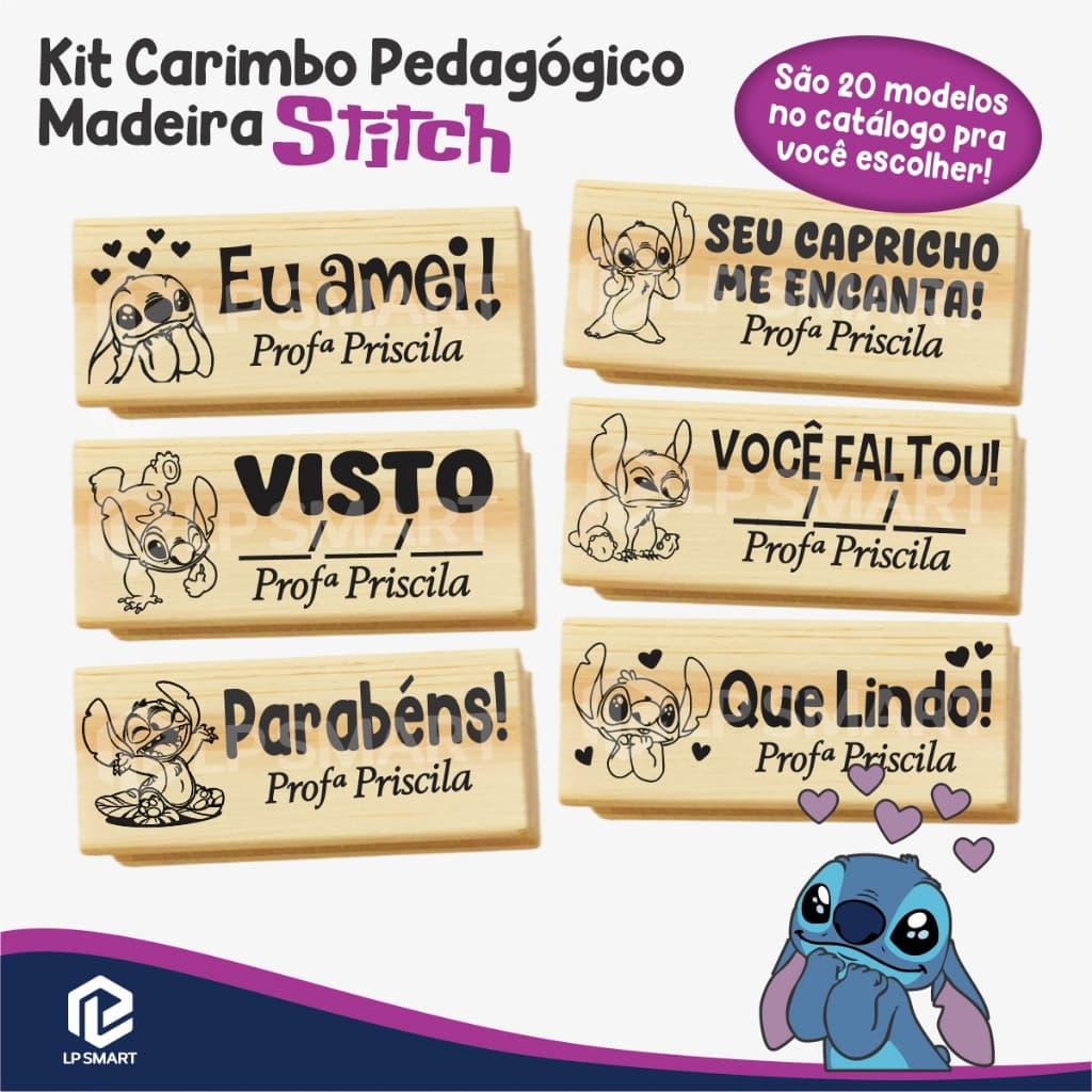 Kit Carimbo Pedagógico STITCH 1,5x4cm Artesanal Madeira Professor Incentivo Escolar Infantil Educação Escola