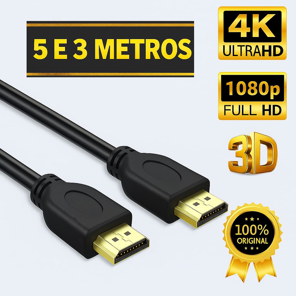 Cabo HDMI 5 e 3 Metros 4k Ultra HD 3D Blindado Com Revestimento Interno E Nylon Externo para Proteção