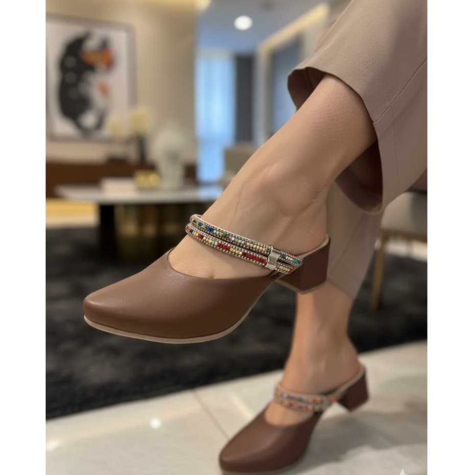 Mule Social 2 em 1 Feminino Femininas Scarpin Salto Medio Baixo Manta brilhante  Confort Marrom Café