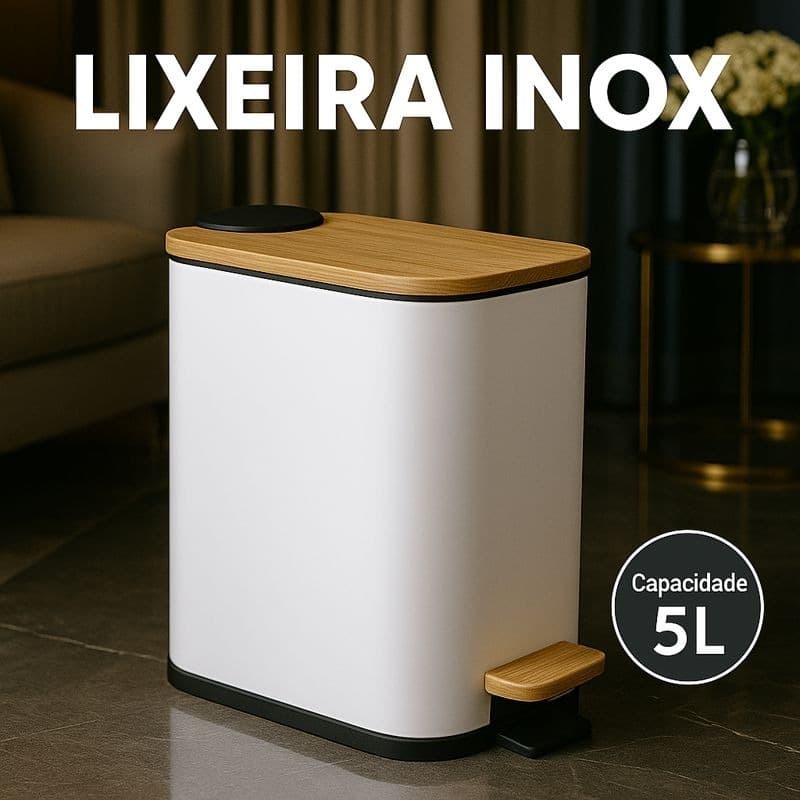 Lixeira Inox 5l Retangular Bambu Preta Branca Pedal Silencioso Elegante Banheiro