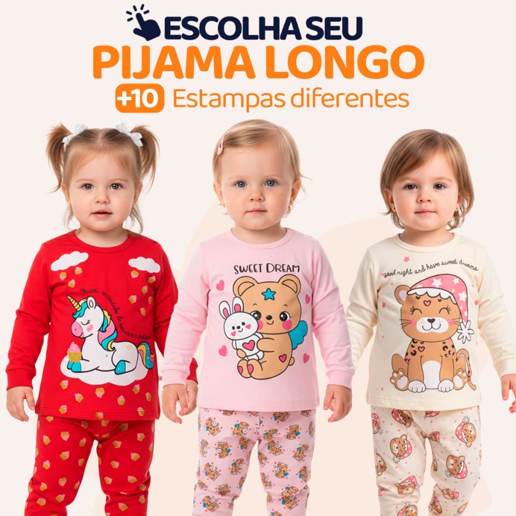Pijama Infantil Bebe Menina Manga Longa Escolha Seu Modelo, Estampas Fofas e Conforto Infantil Feminino Frio Inverno l02