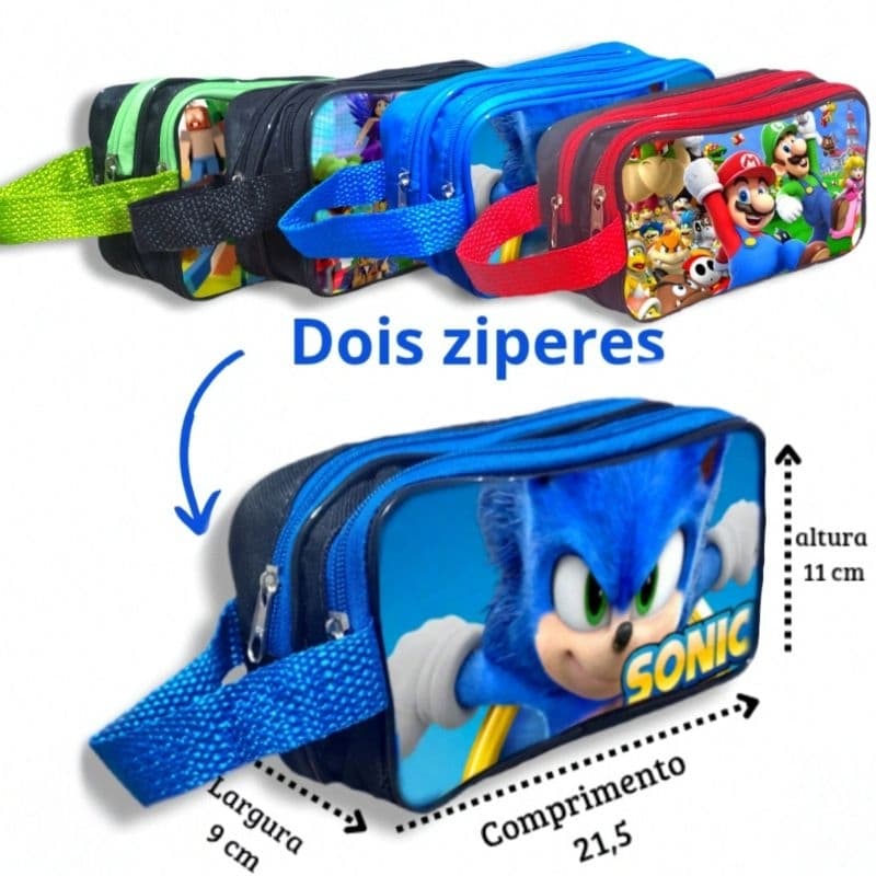 Estojo Infantil Escolar Grande Sonic De Menino Duplo 2 Divisorias