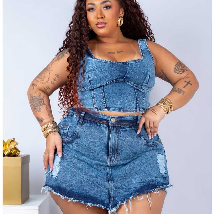 Short Saia Jeans Plus Size Feminino Modela o Bumbum Bjeans com Lycra Atrás Cintura Alta