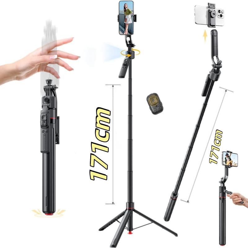 Tripé Selfie Stick 4 Eixos 360° Rotação | Anti-tremor+Controle Bluetooth Sem Fio | Ideal para Vlog