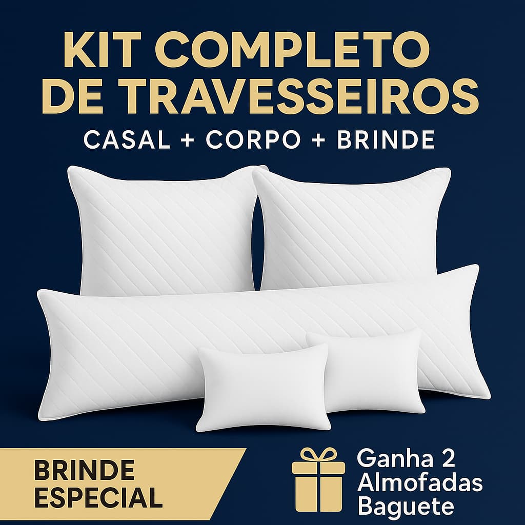 Kit 2 Travesseiros 50x70 + 2 porta matelado + 1 travesseiro de corpo + 1 porta matelado +2 almofada baguete 50x30