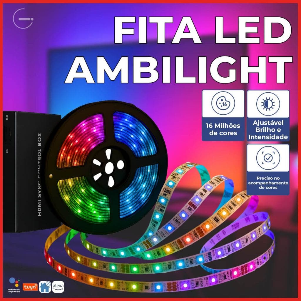 Kit Fita Led Ambilight TV Wi-Fi GMART para Smart de 55 a 65 Polegadas Luz RGB Automação Alexa Tuya