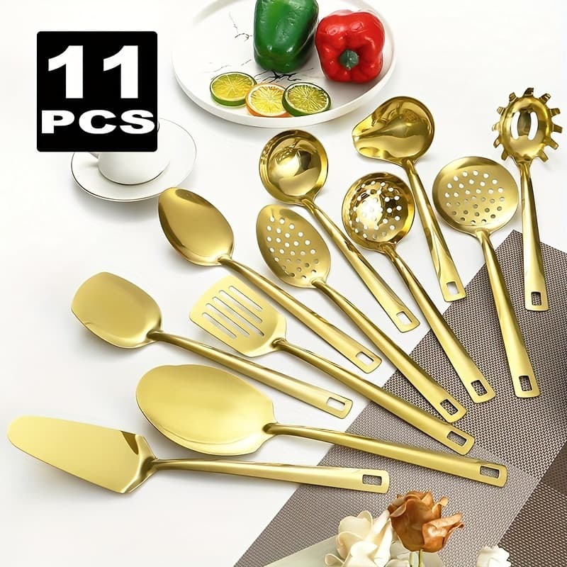 Kit 11 Peças Utensílios de Cozinha Dourado aço inoxidável Espátula Colher Concha Escumadeira Pegador de Pizza