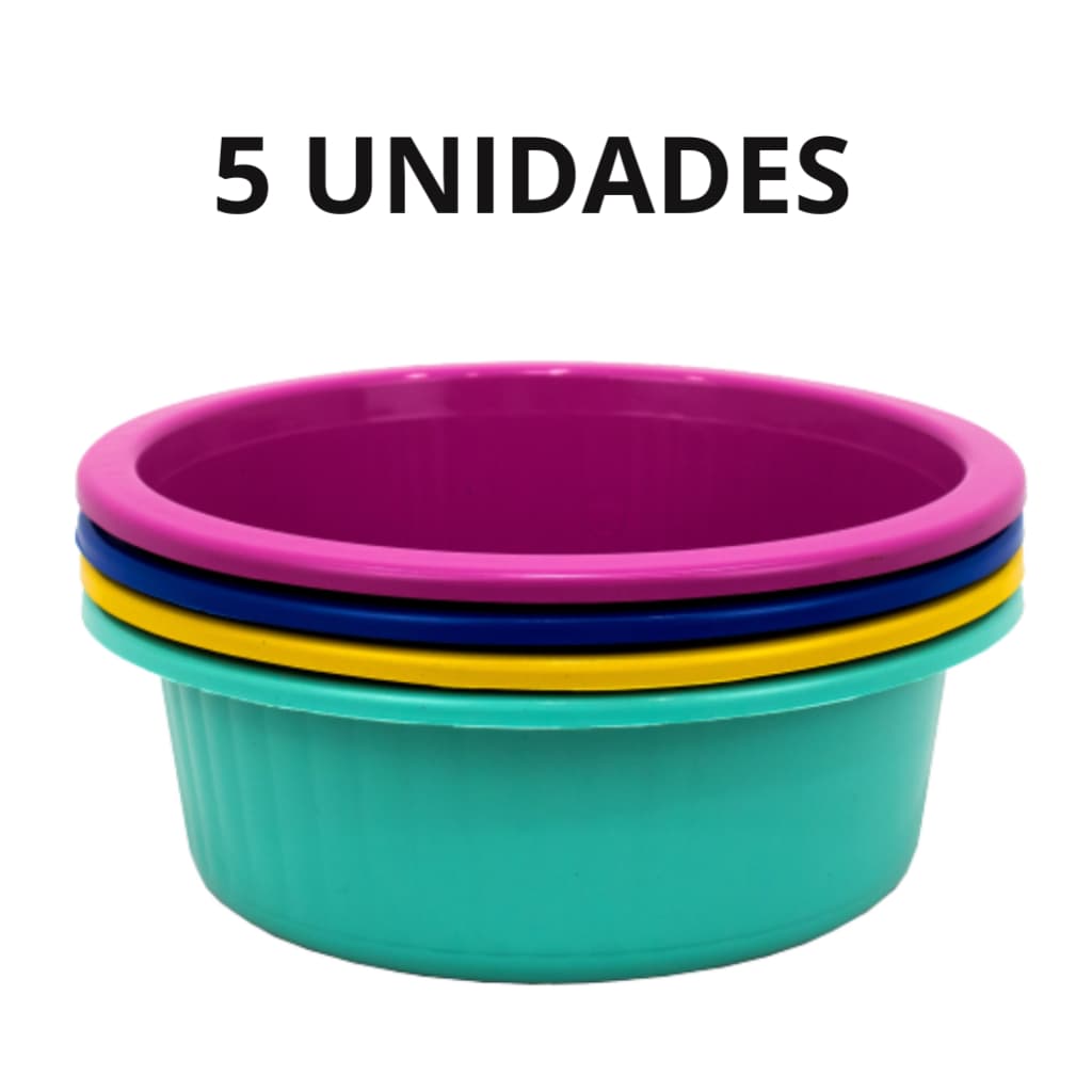 Kit 5 Peças Bacia Canelada 2,7L De Plástico Redonda Colorida Grande Plástico Promoção Resistente